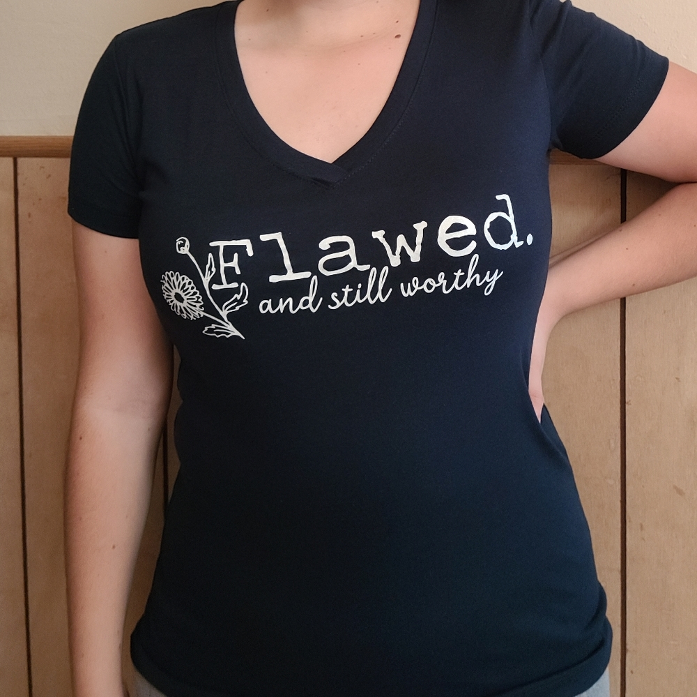 V neck navy tee flawed and still worthy